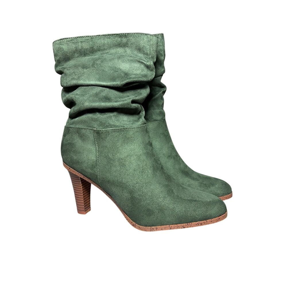 JustFab forest green boots slouchy suede shaft stacked heel Size 8.5